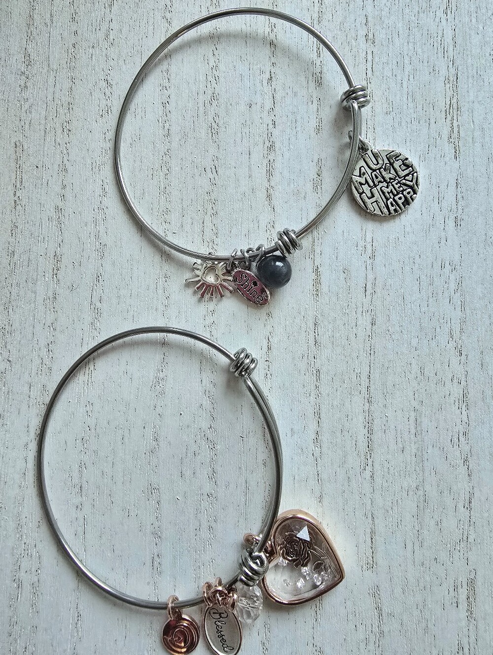 Silver and Rose Gold Charm Bangle Bracelet Set - Women Jewelry